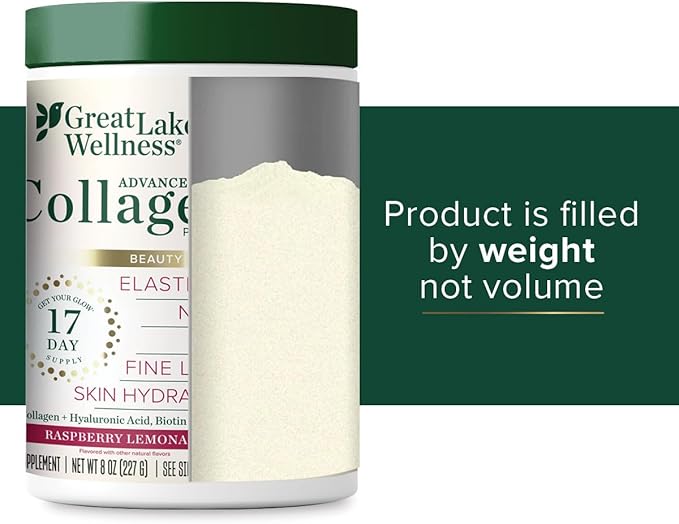 Great Lakes Wellness Beauty Boost Advanced Collagen Peptides Powder with Hyaluronic Acid, Biotin, Vitamin C - Skin Elasticity and Hydration - Raspberry Lemonade Flavor - Non-GMO, Keto, Kosher - 8 oz