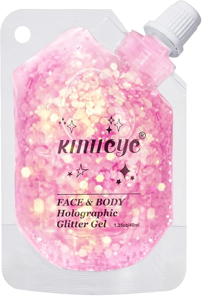 Holographic Face Glitter Gel Body Shimmer Makeup for for Hair, Face, Clavicle, Arm, Nail, Eyeshadow, Long Lasting Waterproof Mermaid Sequins Party Glitter for Rave Festival, 1.35oz (Luminous Pink)