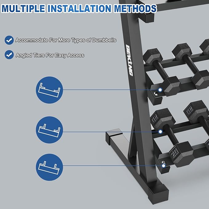 BEKING Dumbbell Rack, 3 Tier Weight Storage Rack for Dumbbells, Kettlebells, Multilevel Free Weight Organizer Stand for Home Gym Fitness, 1000-Pound Capacity