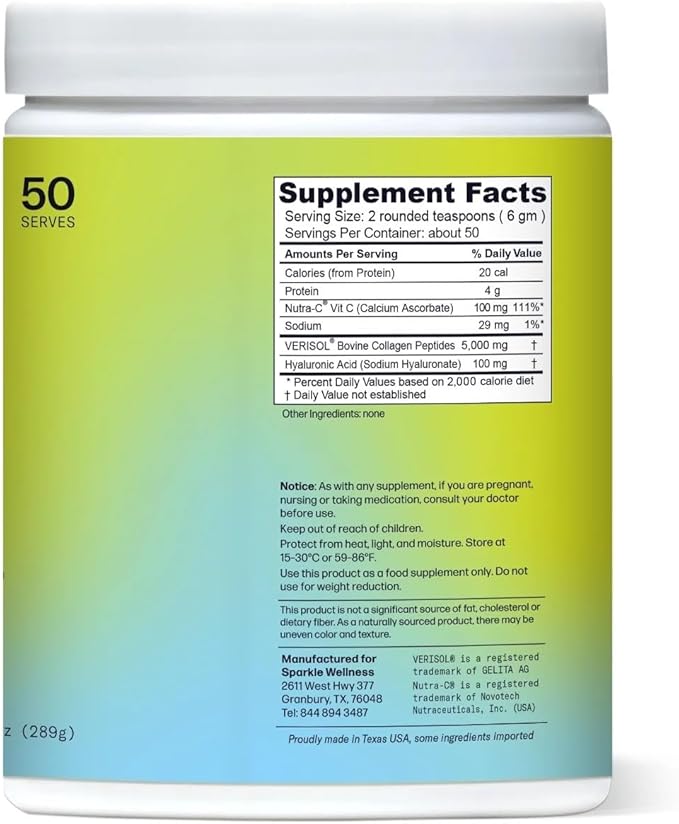 Sparkle Wellness Skin Boost Plus (No Flavor) [50-Serves] | Collagen Powder Supplement with VERISOL Bioactive Hydrolyzed Collagen Peptides, Vitamin C & Hyaluronic Acid