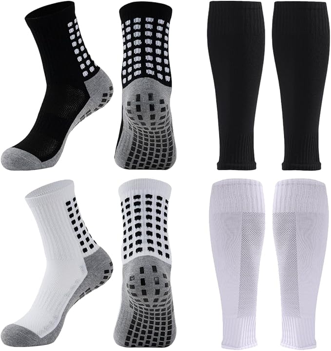 2 Set Anti-Slip Grip Soccer Socks with Shin Guard Sleeves, Sports Athletic Socks for Men Women