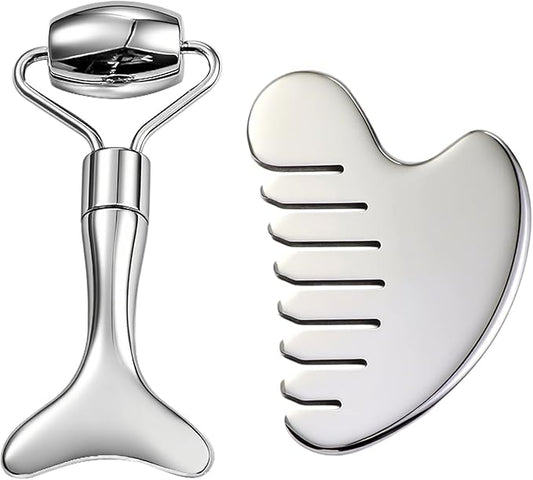 Gua Sha Facial Tool and Face Roller Set, Stainless Steel Lymphatic Drainage Massager for Face, Head, Eyes, Chin and Jaw, Lifting, Massage Scraping with Travel Pouch