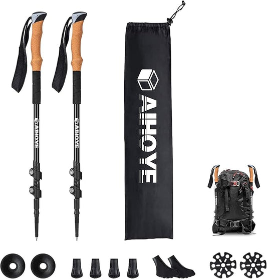 Aihoye Trekking Hiking Poles - 2 Pack Adjustable Walking Sticks, Collapsible Lightweight Aluminum 7075, Hiking Sticks with Quick Flip-Lock and Comfortable Cork Grips