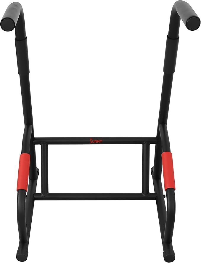 Sunny Health & Fitness Power Tower, Dip Bar, Push-Up & Pull Up Assisting Parallette Station w Optional Rock Climbing Grip Trainer