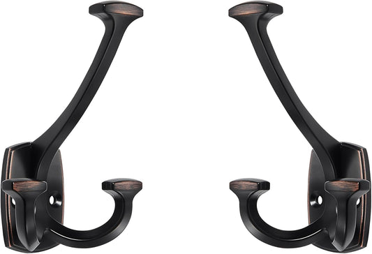 Large Wall Double-Sided Hook 5 Pack Oil Rubbed Bronze Hook Decorative Heavy Duty Solid Large Coat Hooks for Towel Hanging Coats Robe Towel Bags Door Back 2 Prong Hooks