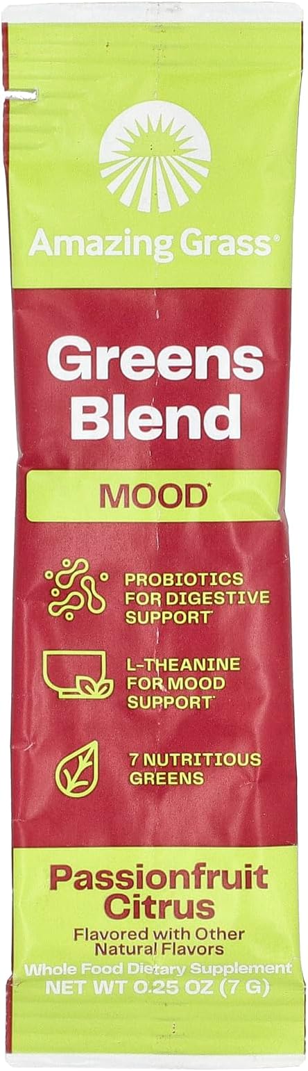 Amazing Grass Greens Blend Mood: Super Greens Powder Smoothie Mix for Mood, Relaxation & Stress Support with Organic Spirulina, Chlorella, Beet Root Powder, Digestive Enzymes & Probiotics, 15 Servings
