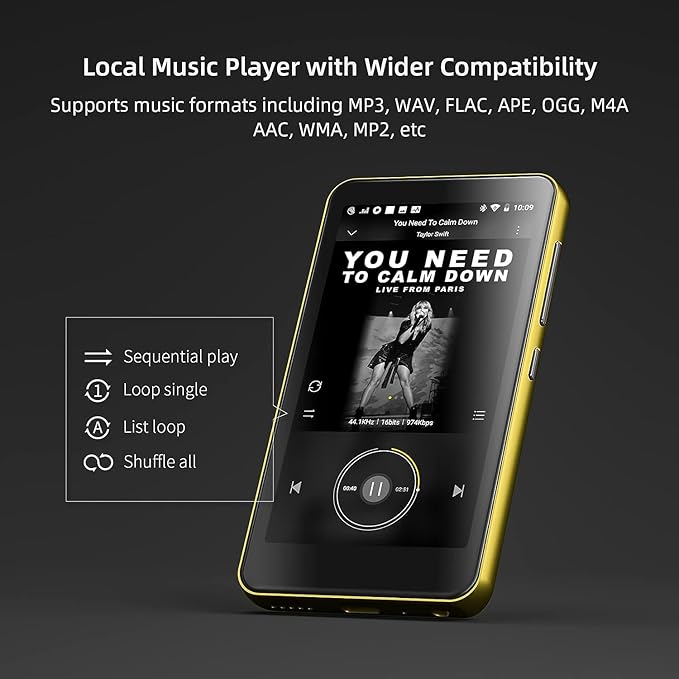 80GB MP3 Player with Bluetooth and WiFi, MP4 MP3 Player with Spotify,Spotify Kids，4" Full Touch Screen with Pandora, Music Player with Audible，Android MP3 with Speaker (Gold_Black)