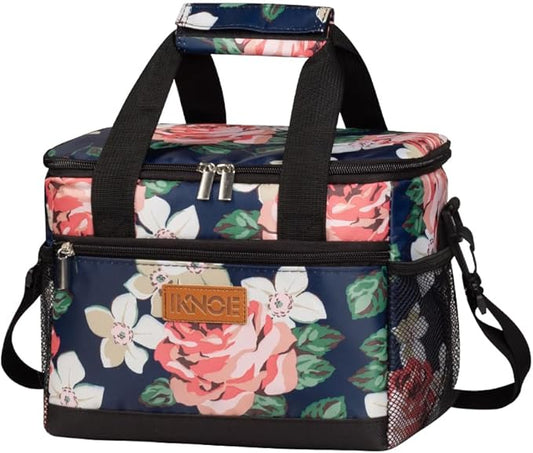 iknoe Large Foldable Cooler Bag, 8.5L Insulated Lunch Bag, Leakproof Lunch Cooler Tote with Multi-Bag Design Suitable for Beach, Picnic and Office Use, Flower 15-Can