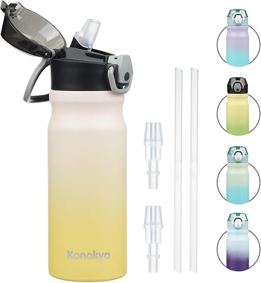Insulated Water Bottle with Straw and Carry Loop,18 oz Stainless Steel Double Wall Vaccum Metal Water Flask with Leak-proof Lid,Lemon