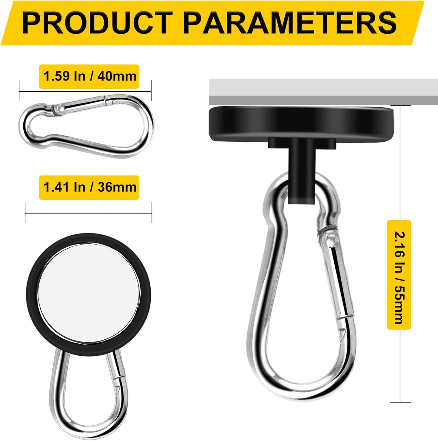 DIYMAG Black Magnetic Hooks, 150LBS Strong Heavy Duty Neodymium Magnet Hooks with Swivel Carabiner Hook, Great for Your Refrigerator and Other Magnetic Surfaces-36mm Diameter
