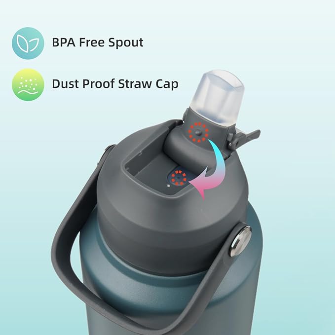 Insulated Water Bottle with Straw Lid,40 oz Stainless Steel Vacuum Metal Bottle with Silicone Handle,Dark Gray