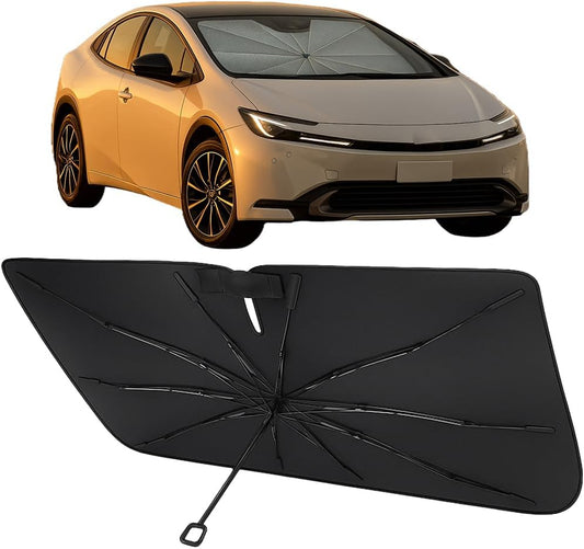 Proadsy Windshield Sun Shade Umbrella for Toyota Prius 2023-2025 2026 Foldable Car Umbrella Sunshade with Soft TPU Handle Spring Structure Crystal Cooling Material Protect Car from Rays & Heat