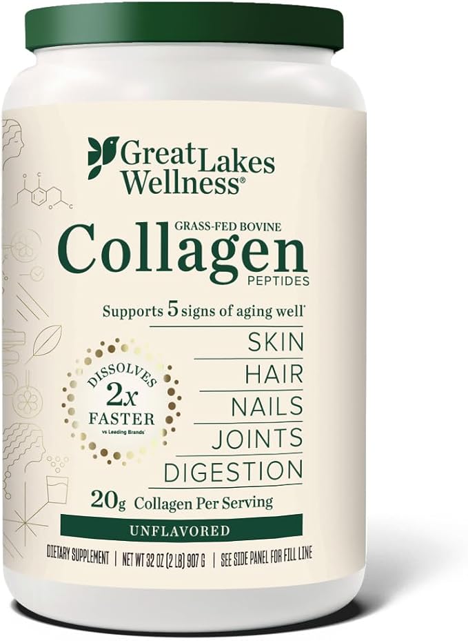 Great Lakes Wellness Bovine Collagen Peptides Powder for Skin, Hair, Nails, Joints & Digestion - Unflavored - Quick Dissolve Hydrolyzed, Non-GMO, Kosher - 32 oz