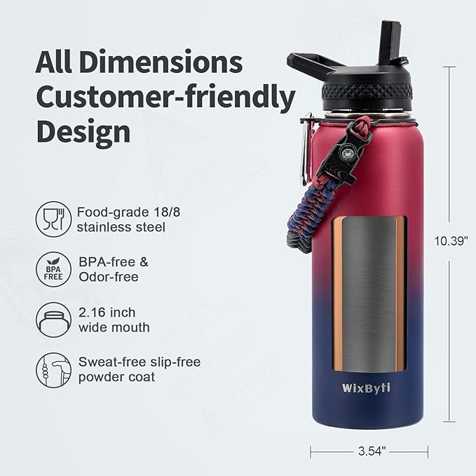 40 oz Insulated Water Bottle with Straw (Cold for 48 Hrs), Stainless Steel Triple Wall Vacuum Sports Water Jug, Leakproof Hydro Cup Flask with Paracord Handle & Straw Spout Lids & DIY Stickers