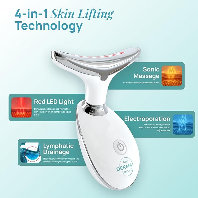 MyoGlow by MDD | Neck, Face, Arms, and Legs Skin Tightening and Lifting Lymphatic Drainage Massager Tool | Uses LED Light, Sonic Vibration, Thermal Activation