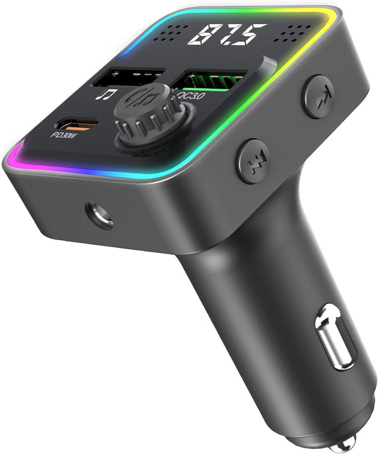 Bluetooth FM Transmitter for Car - Bluetooth Car Adapter with Type-C PD(30W) Charger, Dual QC3.0 USB Port, Aux Port - Support Handsfree Calling, 7 Colors Backlight, U Disk, MP3 Player