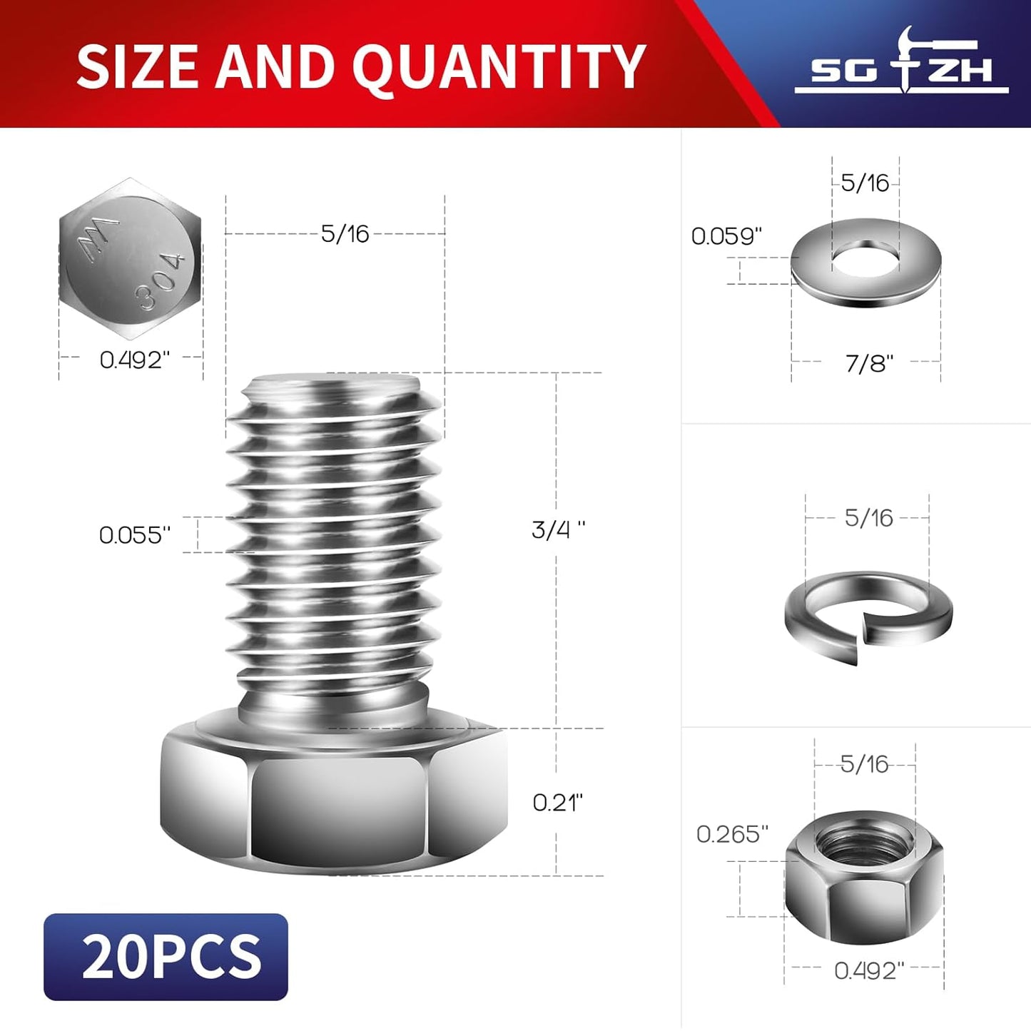 5/16-18 x 3/4" Hex Head Screw Bolt, Nuts, Flat & Lock Washers, 20Pcs 18-8 (304) Stainless Steel, Fully Threaded, by SG TZH
