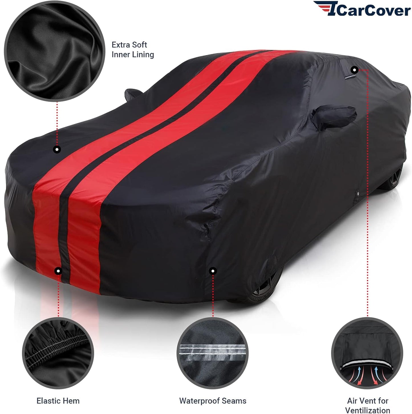 iCarCover Custom Car Cover for 1982-1992 Chevy Camaro Z28, IROC-Z, RS, Berlinetta, Sport Waterproof All Weather Rain Snow UV Sun Protector Full Exterior Indoor Outdoor Car Cover (Stripe - Black/Red)