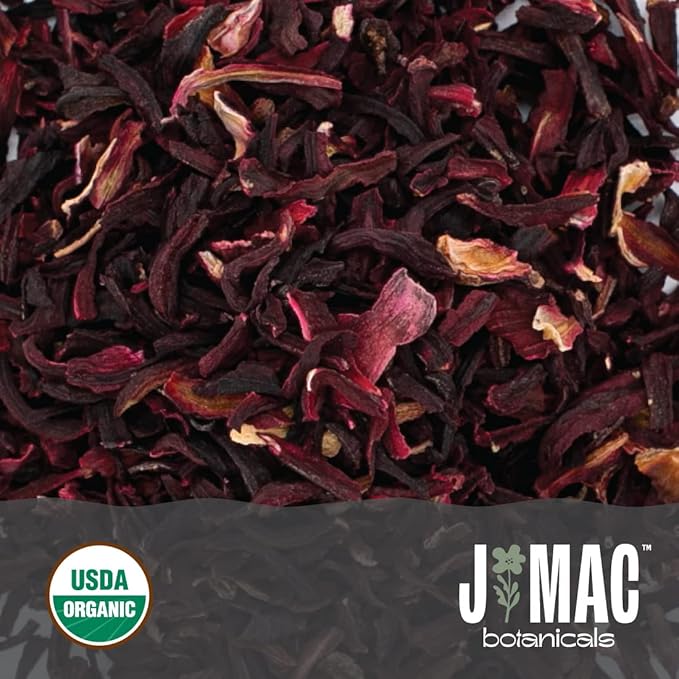 J Mac Botanicals, Organic Hibiscus Flower (4 ounce), Hibiscus tea, cut & sifted flowers, dried from Egypt, herbal tea leaves, Flor de Jamaica, edible