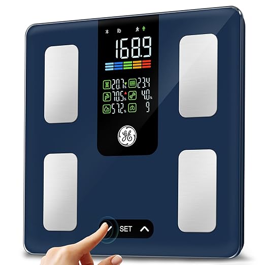 GE Smart Scale for Body Fat: Weight Scales with BMI Muscle Mass Button Function 500lbs Digital Bathroom Weight Machine Body Composition Monitor 11.8" Platform Accurate Weighing Health Analyzer