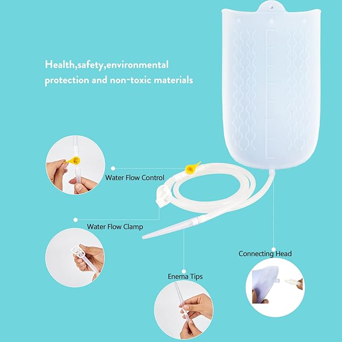 Silicone Enema Bag Kit with 6.3ft Hose, 5 Enema Tips, Controllable Flow Valve and Water Thermometer - 2 Quart Capacity Coffee enemas for Colon Cleanse