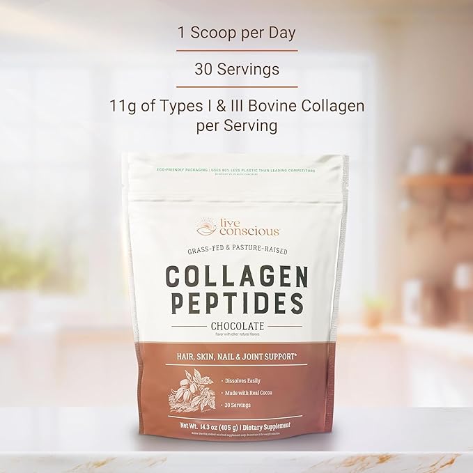 Live Conscious Collagen Peptides Powder - Chocolate Collagen Powder - Hair, Skin, Nail, and Joint Support - Type I & III Grass-Fed Collagen Supplements for Women and Men (2-Pack)