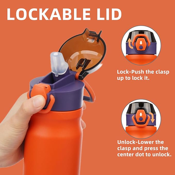 Insulated Water Bottle with Straw and Carry Loop,18 oz Stainless Steel Double Wall Vaccum Metal Water Flask with Leak-proof Lid,Orange