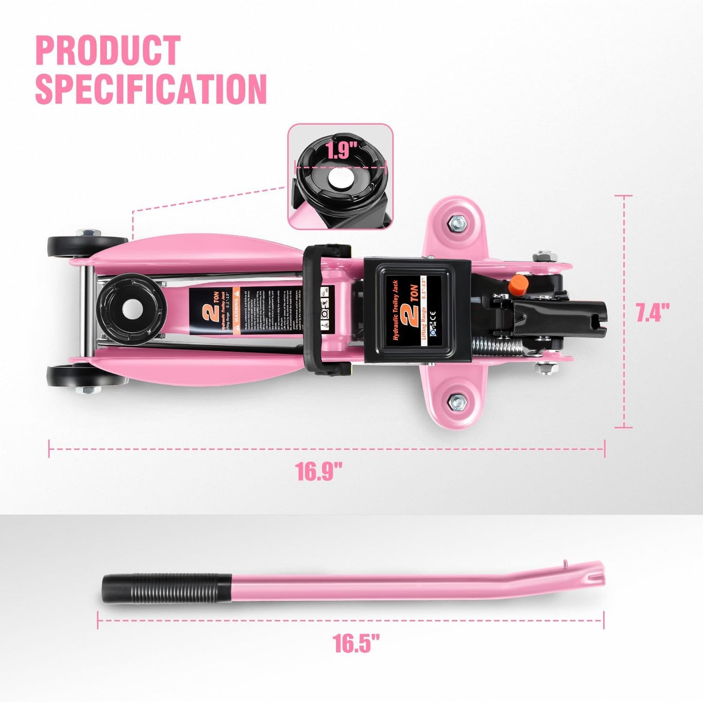 DNA MOTORING Low Profile Hydraulic Trolley Service/Floor Jack, 2 Ton (4000 lbs) Capacity, Lifting Range 5.1"-13", Pink, TOOLS-00474-PK