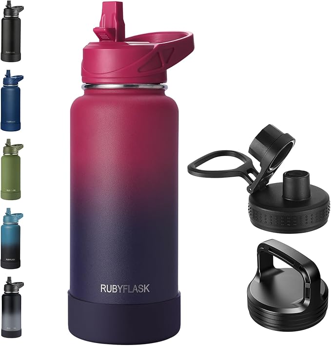 32oz Insulated Water Bottle with Straw, Stainless Steel Metal Vacuum Water Flask, Large Thermal Water bottle with Leakproof 3 Lids for Travel, Camping, Gym Sports Dark Rainbow