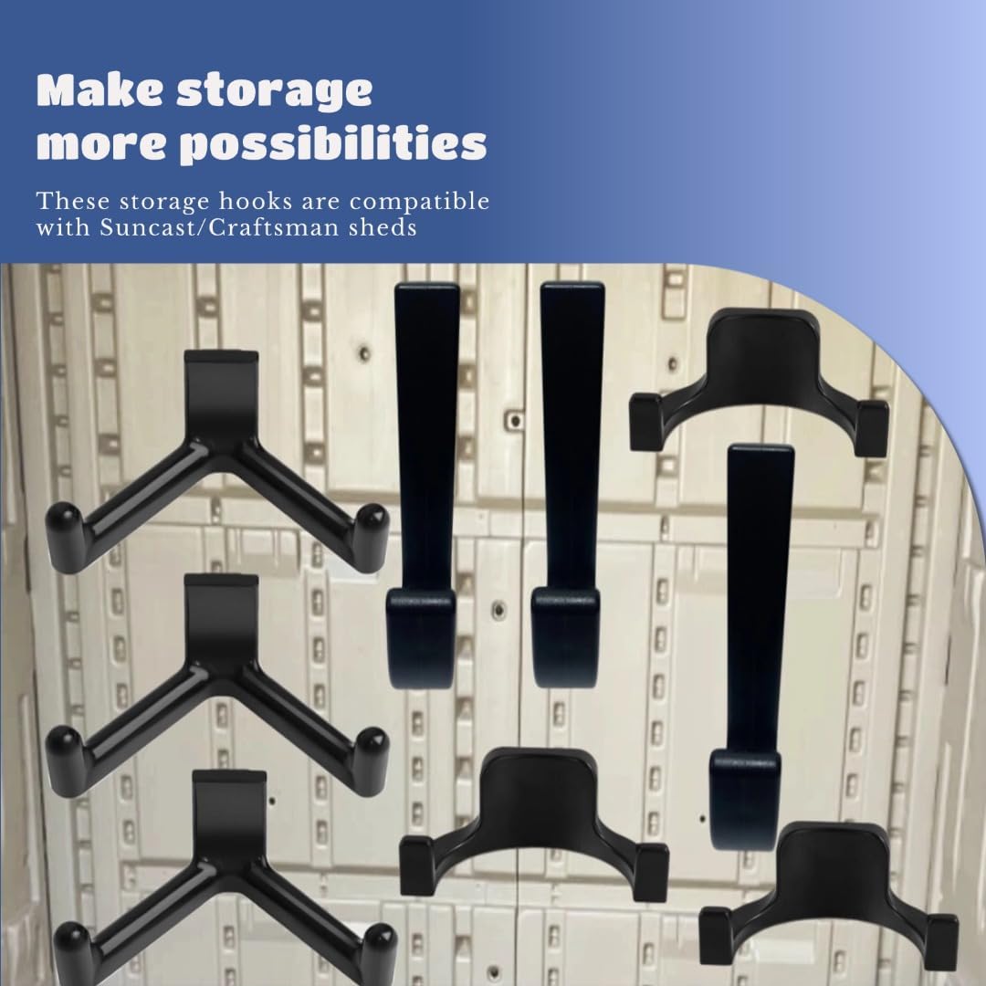 9 Pcs ABS Storage Shed Tool Hooks, Heavy Duty Shed Accessories & Hooks - Compatible with Suncast & Craftsman Sheds, Black J/U/V Shape for Organizing Ladders, Hoses & Garden Tools in Outdoor Sheds