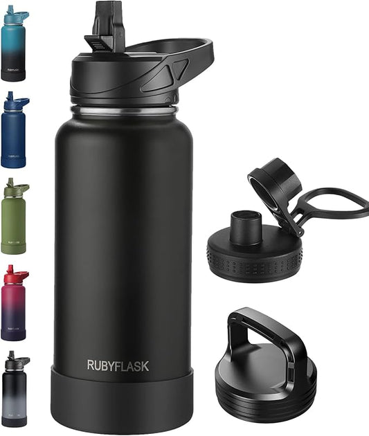 32oz Insulated Water Bottle with Straw, Stainless Steel Metal Vacuum Water Flask, Large Thermal Water bottle with Leakproof 3 Lids for Travel, Camping, Gym Sports Black