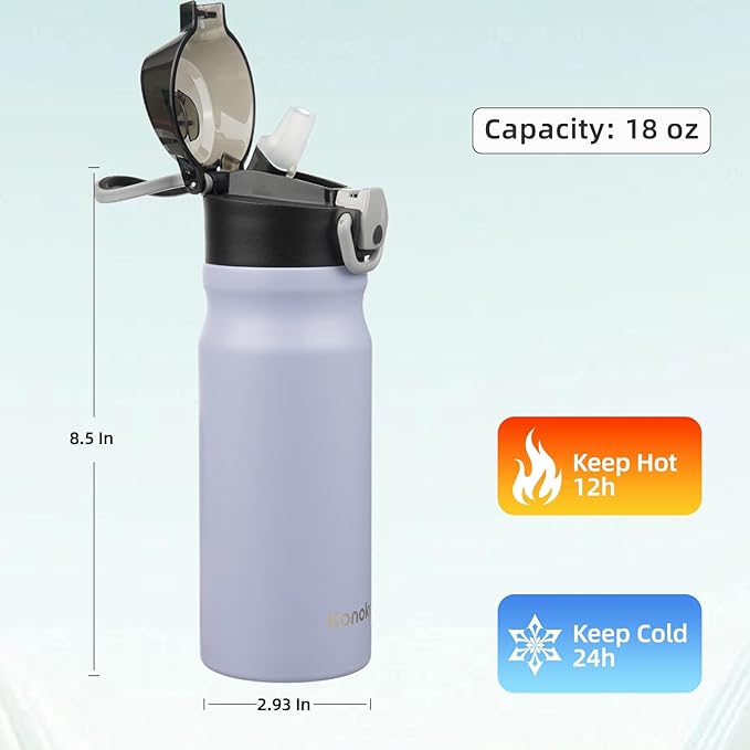 Insulated Water Bottle with Straw and Carry Loop,18 oz Stainless Steel Double Wall Vaccum Metal Water Flask with Leak-proof Lid,Light Purple