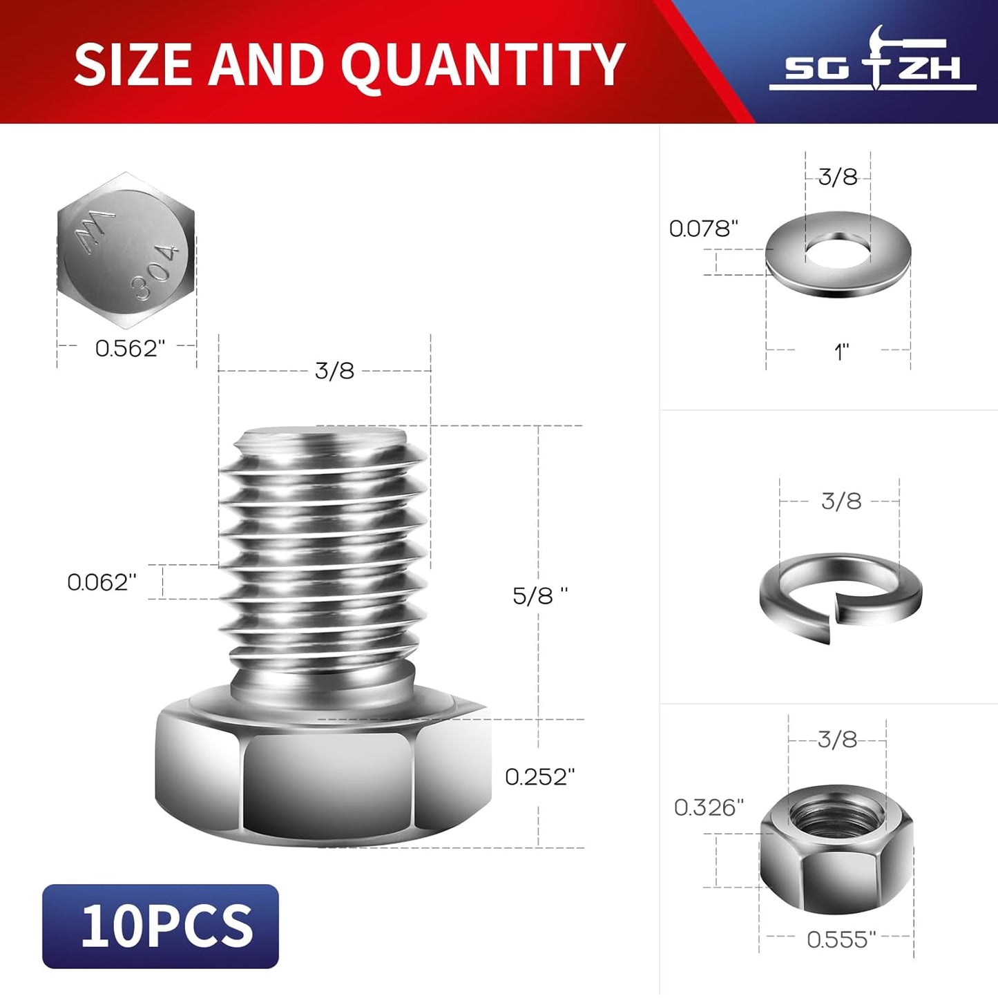 3/8-16 x 5/8" Hex Head Screw Bolt, Nuts, Flat & Lock Washers, 10Pcs 18-8 (304) Stainless Steel, Fully Threaded, by SG TZH