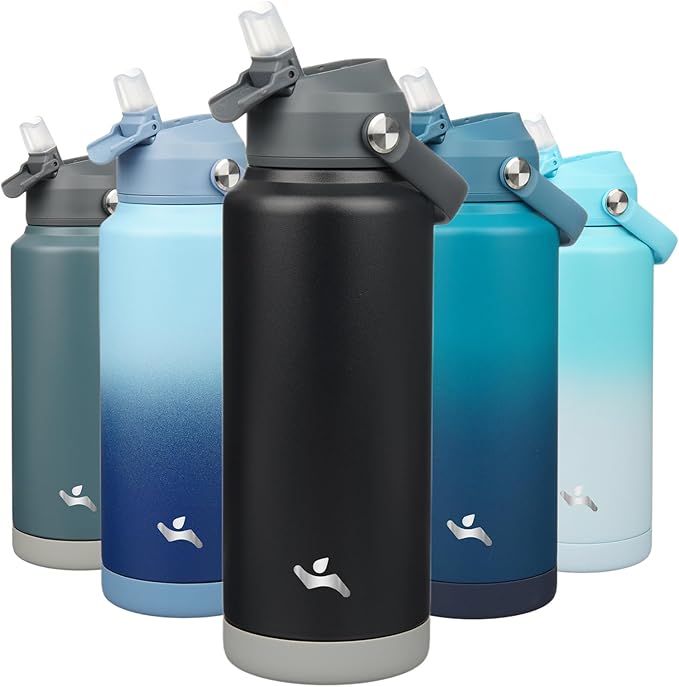 Insulated Water Bottle with Straw Lid,32 oz Stainless Steel Vacuum Metal Bottle with Silicone Handle,Black