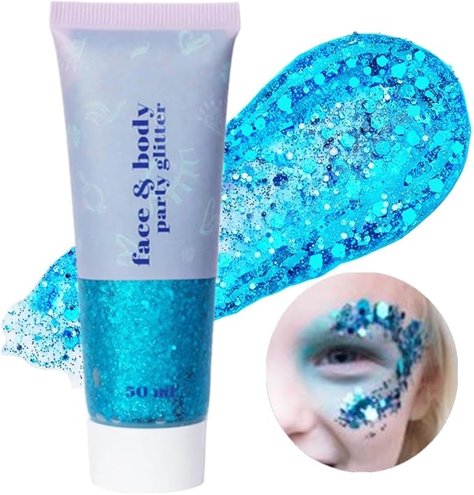 Go Ho Light Blue Face Body Glitter Gel,Blue Mermaid Face Paint Makeup,Holographic Chunky Sequins Glitters for Eye Lip Hair,Halloween Costumes Festival Rave Accessories,52g