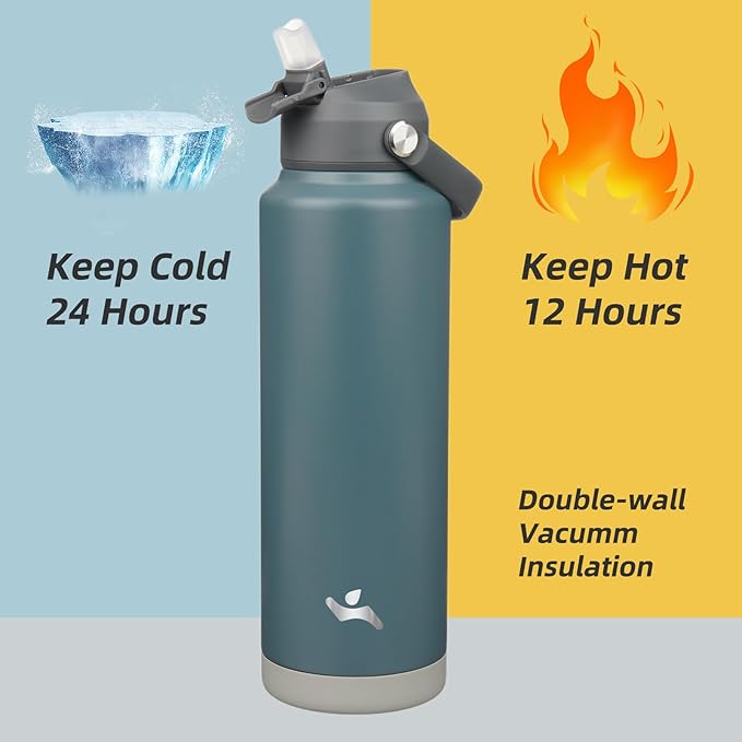 Insulated Water Bottle with Straw Lid,40 oz Stainless Steel Vacuum Metal Bottle with Silicone Handle,Dark Gray