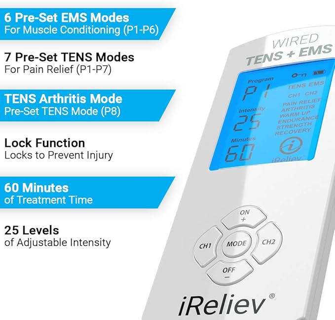 iReliev TENS Unit + EMS Muscle Stimulator Comes with 14 Therapy Modes, Premium Pain Relief and Recovery System, Rechargeable, Large Back Lit Display, Large and Small Electrode Pads