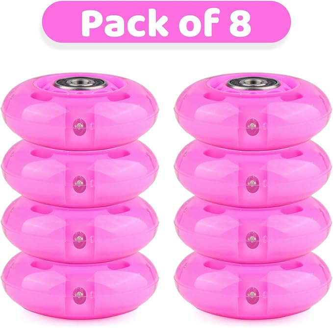 8pcs Inline Skate Wheels Led Light-Up Wheels 64/70/72/76/80mm w/Bushings 85-88A for Kids and Youth Beginners Children's Inline Skates Indoor/Outdoor Use (Pink, 64mm)