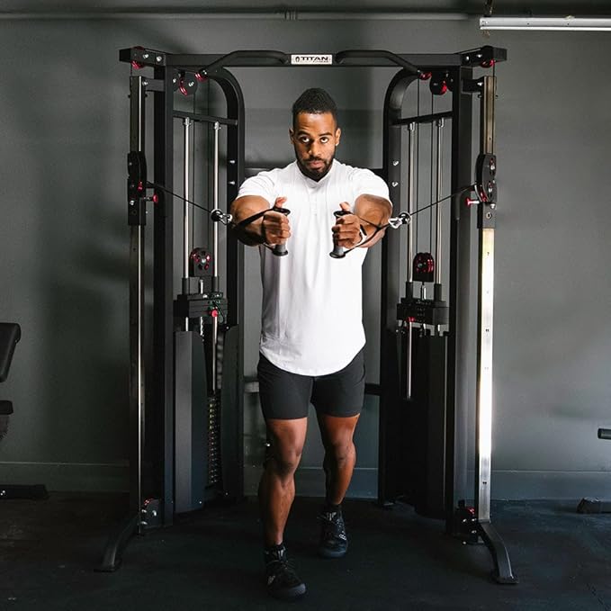 Titan Fitness Functional Trainer Cable Crossover Machine, 200 LB Double Weight Stack, 2:1 Cable Pull Station, Home Gym Workout Weight Training Machine with Attachments