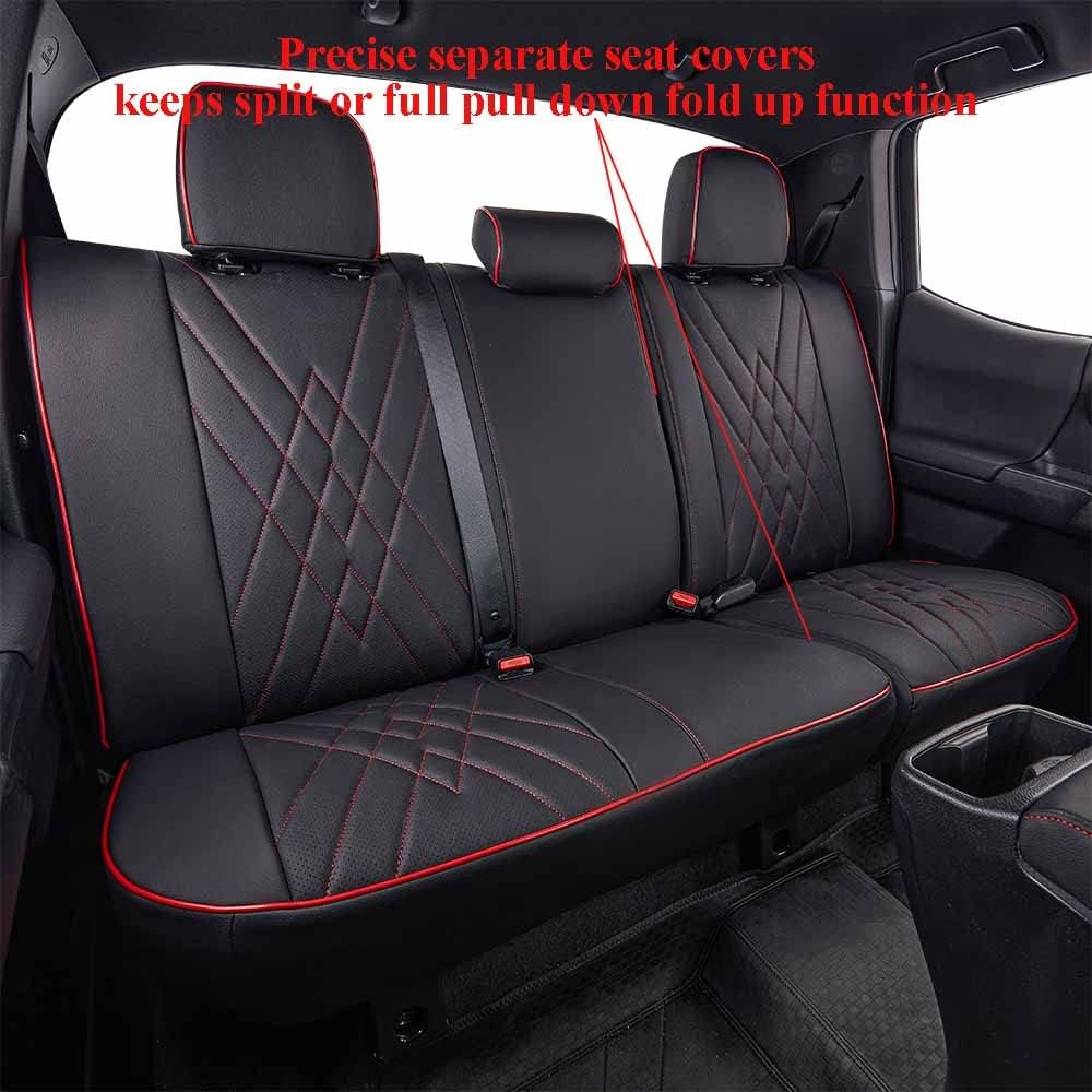 EKR Custom Fit Tacoma Leather Car Seat Covers for Select Toyota Tacoma 2012 2013 2014 2015 (Regular Seats)- Full Set,Leather(Black with Red Trim)