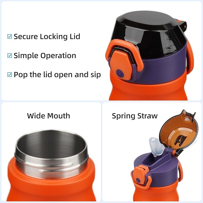 Insulated Water Bottle with Straw and Carry Loop,18 oz Stainless Steel Double Wall Vaccum Metal Water Flask with Leak-proof Lid,Orange