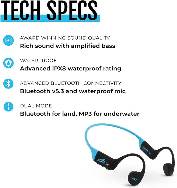 H2O Audio TRI 2 Multisport Waterproof Bone Conduction Open Ear Headphones, Bluetooth 5.3 for Running and Cycling, MP3 Mode for Swimming, 8GB Memory, 8.5-Hour Battery, Black/Blue