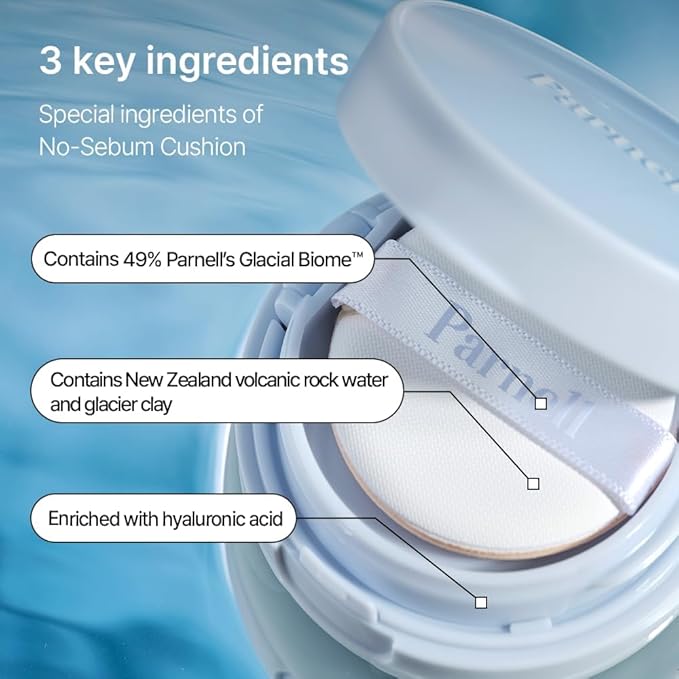 Parnell Glacial Biome Water No-Sebum Cushion 0.35 Fl Oz / 10g | Hydrating & Oil-Control Cushion with Hyaluronic Acid, Mineral Water, and Collagen | Cooling Powder Formula | K-beauty
