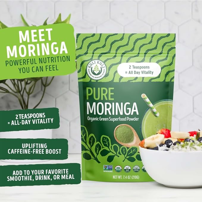Kuli Kuli Moringa Oleifera Organic Leaf Powder & Green Smoothie, 100% Pure USDA Certified & Non-GMO Moringa Powder, Great with Smoothies, Tea, and Food, 4 Pack