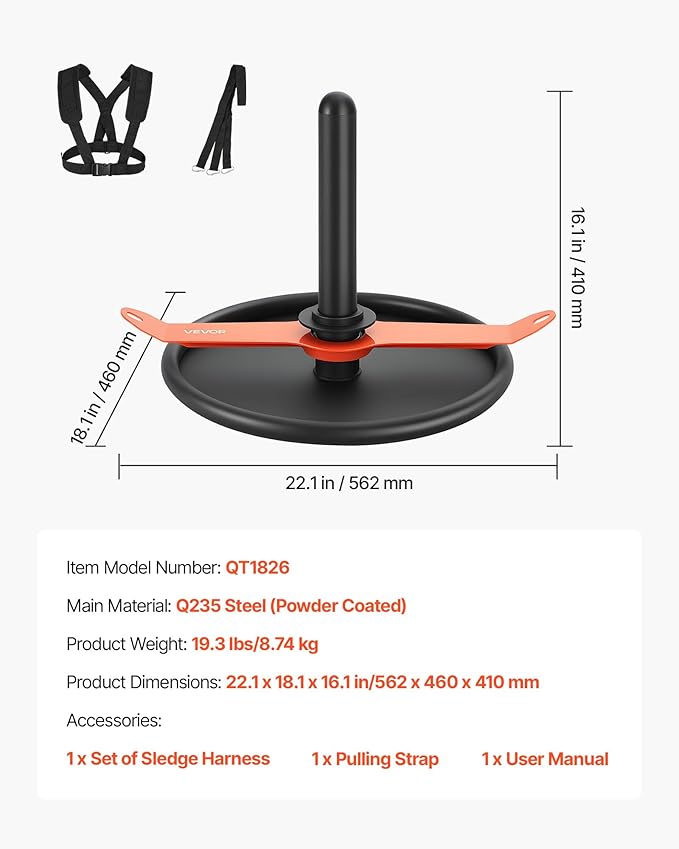 VEVOR Weight Sled, Steel Power Sled, Fitness Strength Training Sleds for Athletic Exercise Speed Improvement, Workout Fitness Equipment with Harness, Compatible with 2 in Weight Plate, Orange & Black