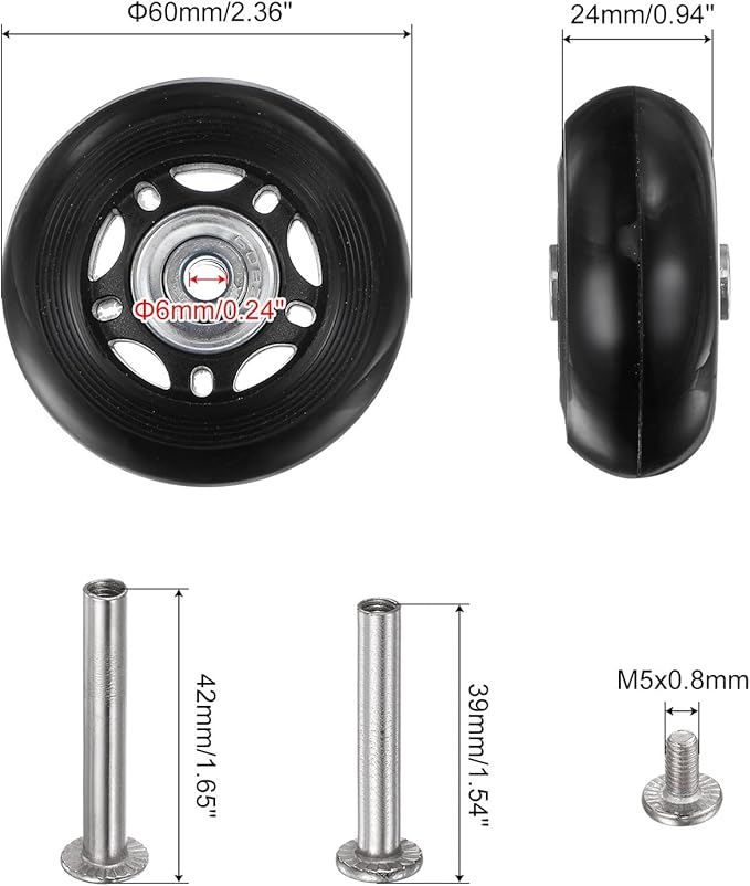 uxcell Replacement Luggage Wheels 60x24mm Suitcase Wheel Repair Kits Include 2 PU Bearing Wheels & Washers, Wrenches & Axle Screw for Trolley Bag, Inline Skate and Caster Board