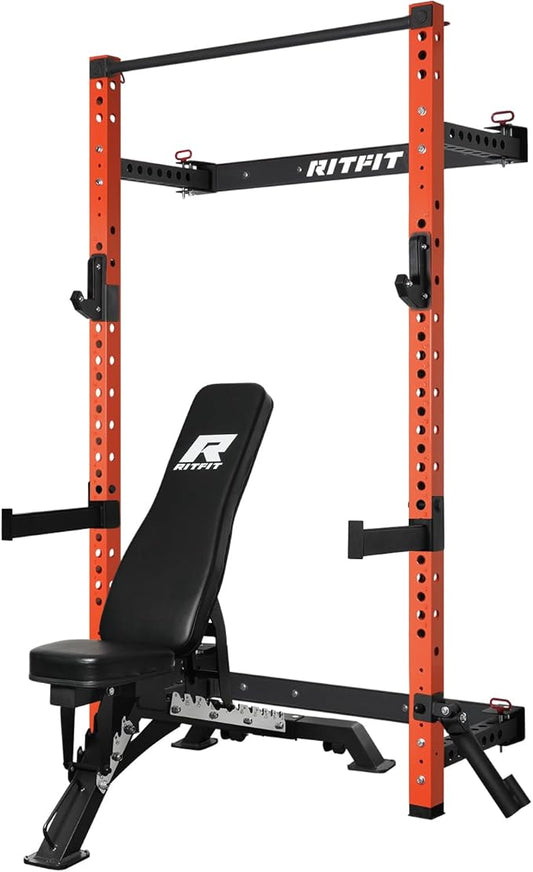 RitFit Multi-Functional Folding Squat Rack for Home Gym, 2.36'' x 2.36'' Wall Mounted Squat Rack with Attachments - Space Saving Squat Power Rack