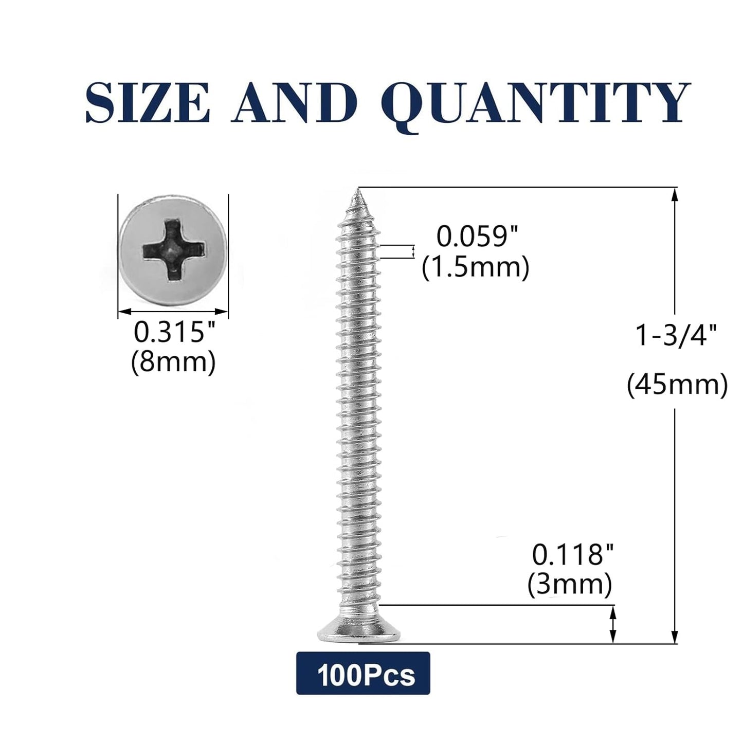 #8 x 1-3/4" Wood Screw 100Pcs 18-8 (304) Stainless Steel Screws Flat Head Phillips Fast Self Tapping Drywall Screws by SG TZH