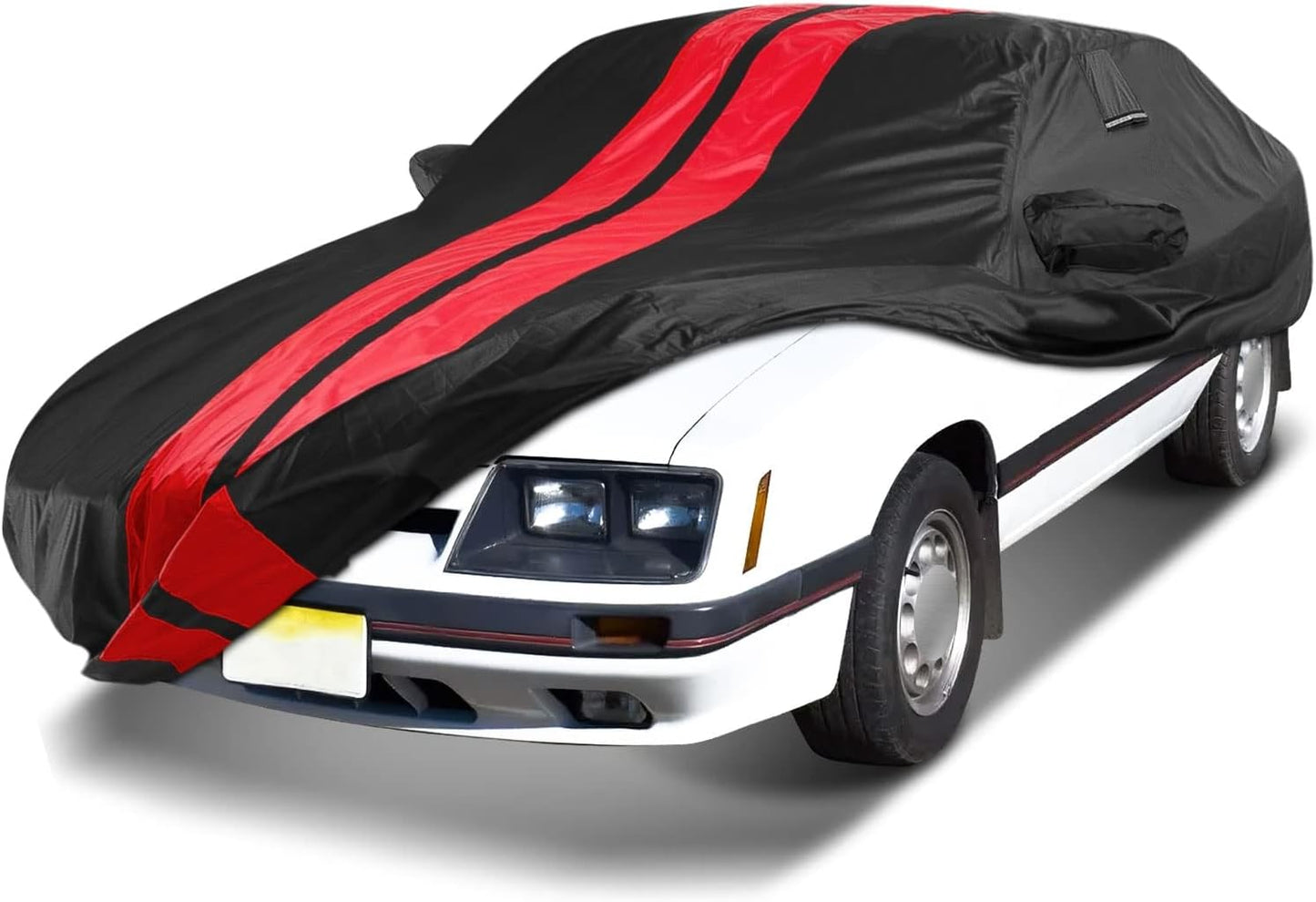 iCarCover Custom Car Cover for 1979-2004 Ford Mustang Waterproof All Weather Rain Snow UV Sun Protector Full Exterior Indoor Outdoor Car Cover (Stripe - Black/Red)