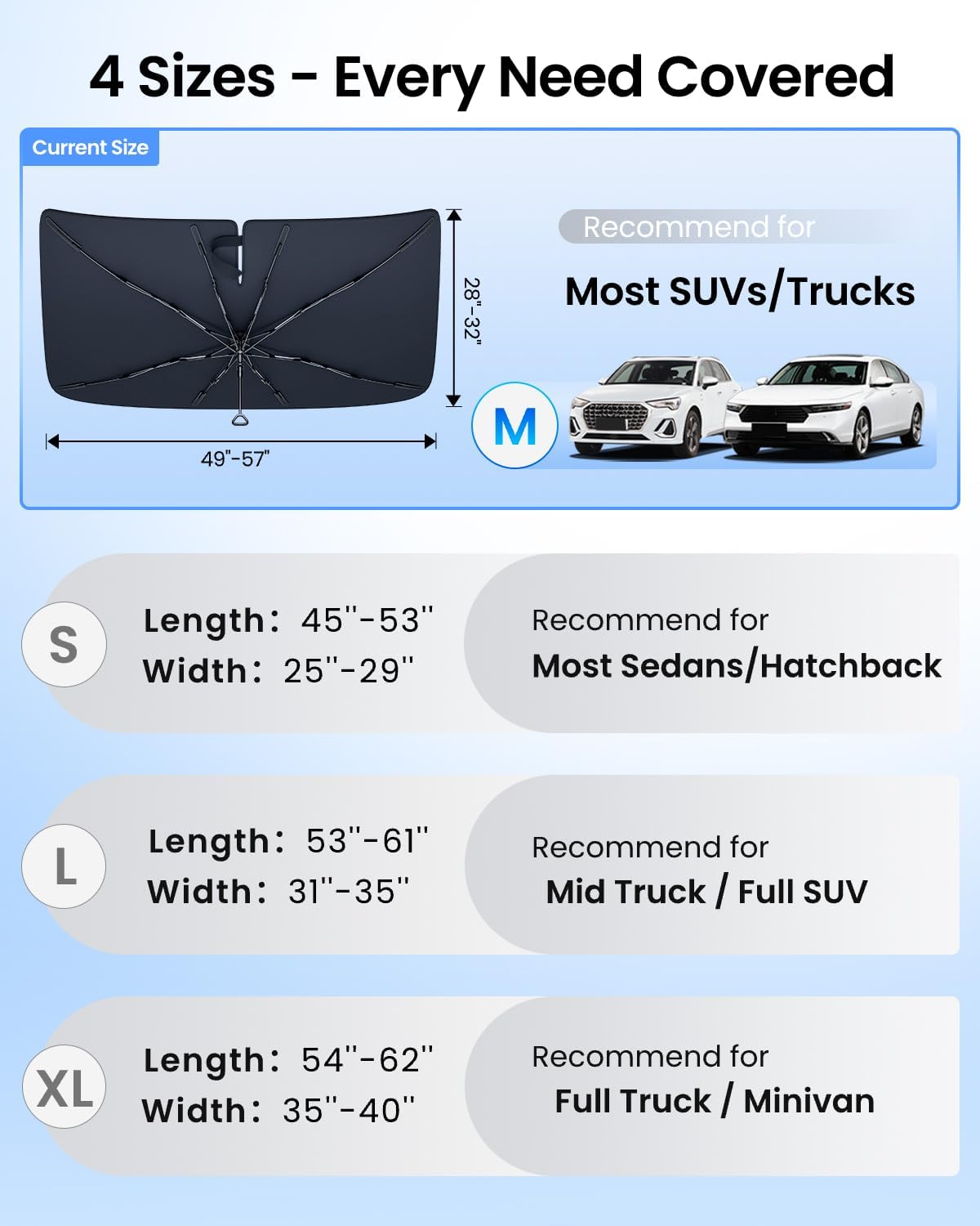 REEVAA 2025 Upgraded Car Windshield Sun Shade Umbrella [100% Sun Protection & Keep Cool] Protect Interior, 360° Flex Handle Sun Shield Sunshade, Medium (57''x32'') for Most SUV/Truck